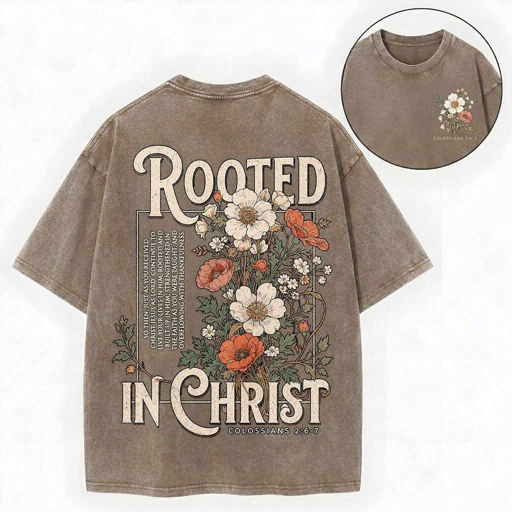 Rooted in Christ T-Shirt – Floral Christian Vintage Unisex Washed Tee