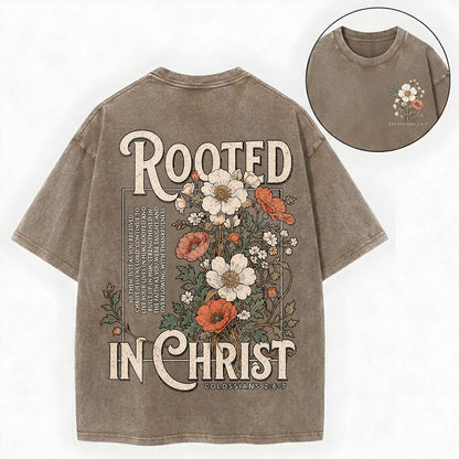 Rooted in Christ T-Shirt – Floral Christian Vintage Unisex Washed Tee