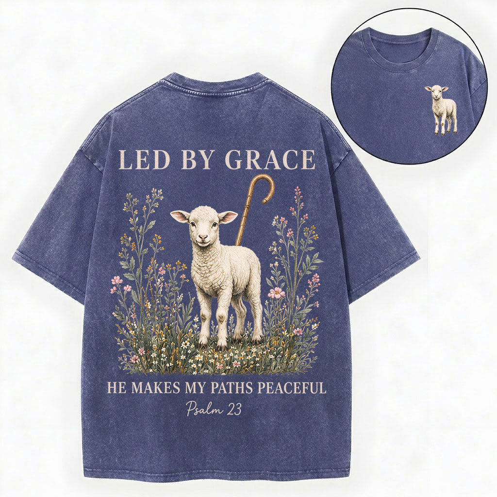 Led by Grace He Makes My Paths Peaceful Christian Vintage Unisex Washed Tee