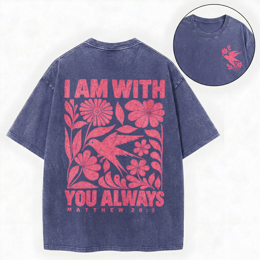 I Am With You Always – Floral Bird Christian Unisex Washed Tee