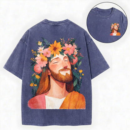 Floral Jesus Shirt – Flower Crown Christian Vintage Unisex Washed Tee