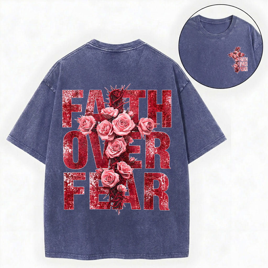 Faith Over Fear – Rose Cross Christian Vintage Unisex Washed Tee