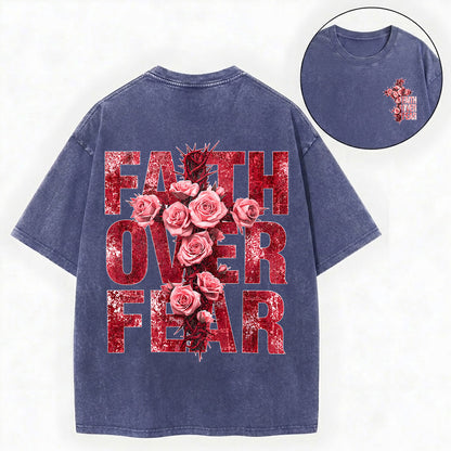 Faith Over Fear – Rose Cross Christian Vintage Unisex Washed Tee