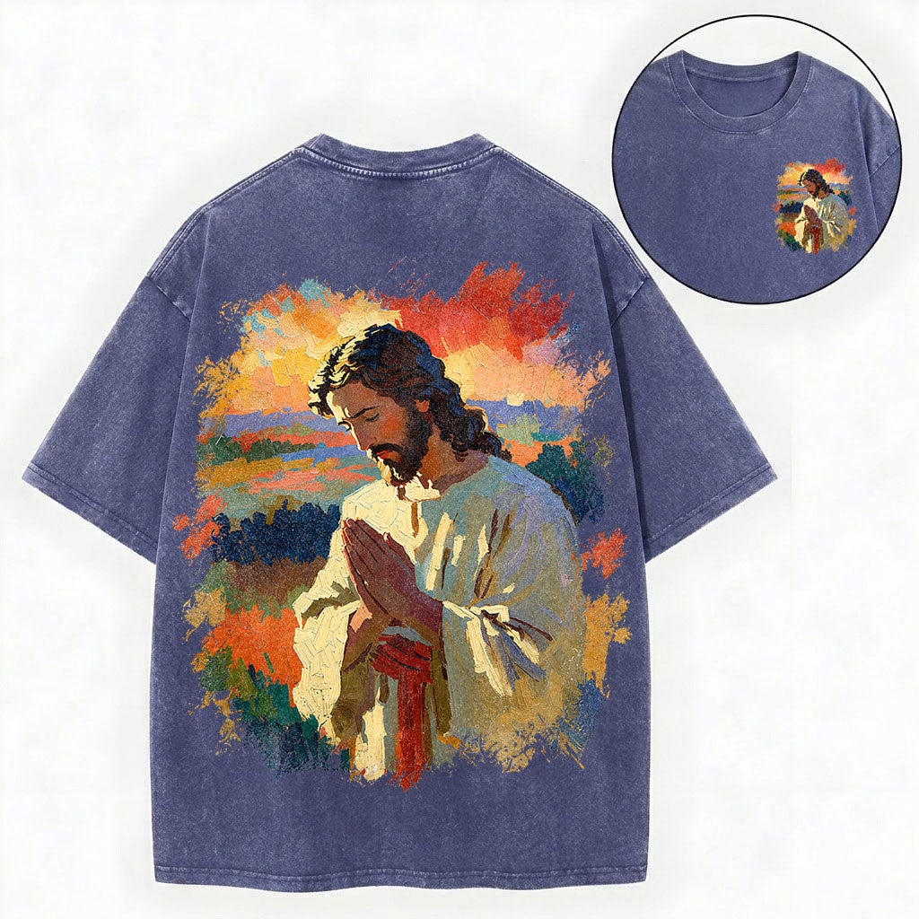 Praying Jesus Shirt – Oil Painting Christian Vintage Unisex Washed Tee