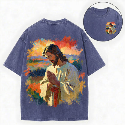 Praying Jesus Shirt – Oil Painting Christian Vintage Unisex Washed Tee