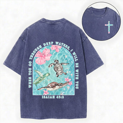 Summer Christian Shirt – Sea Turtle Floral Cross Unisex Washed Tee