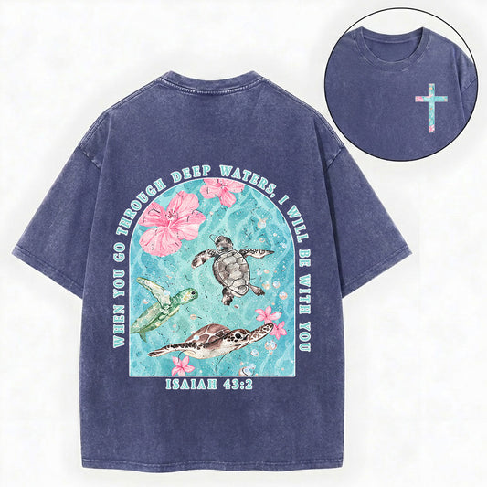 Summer Christian Shirt – Sea Turtle Floral Cross Unisex Washed Tee
