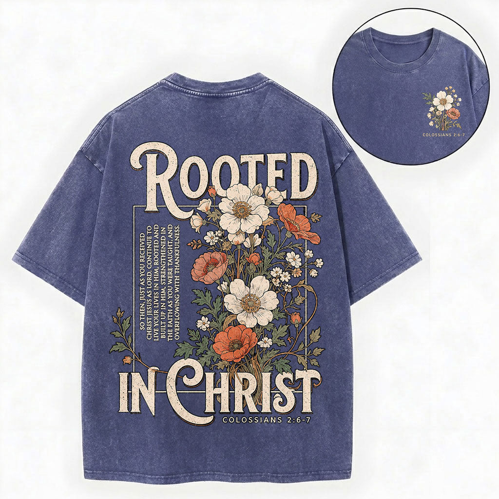 Rooted in Christ T-Shirt – Floral Christian Vintage Unisex Washed Tee
