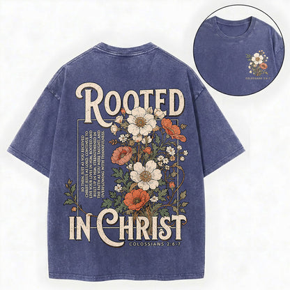 Rooted in Christ T-Shirt – Floral Christian Vintage Unisex Washed Tee