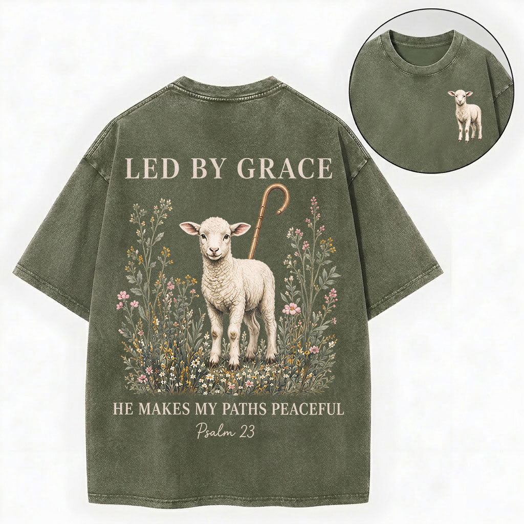 Led by Grace He Makes My Paths Peaceful Christian Vintage Unisex Washed Tee