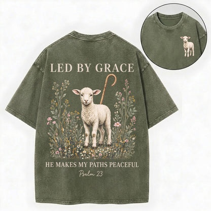 Led by Grace He Makes My Paths Peaceful Christian Vintage Unisex Washed Tee