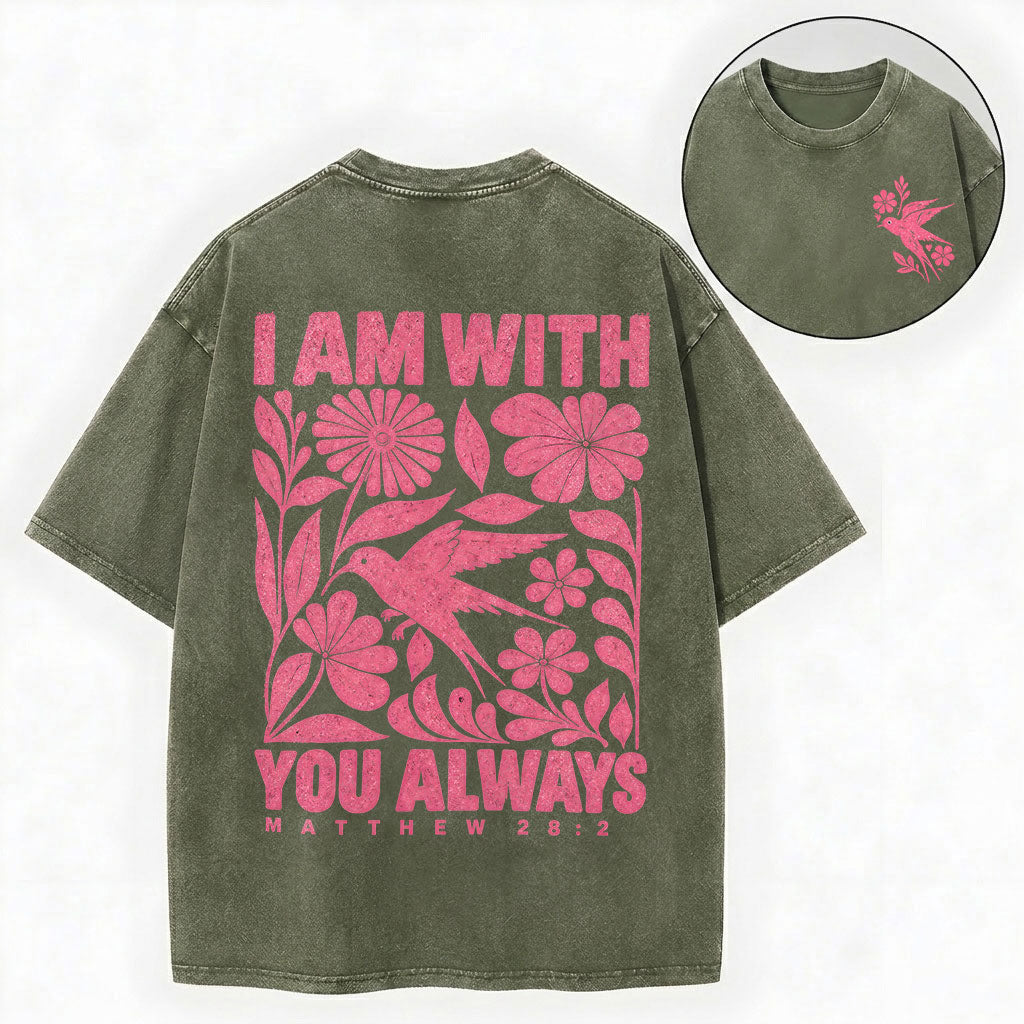 I Am With You Always – Floral Bird Christian Unisex Washed Tee
