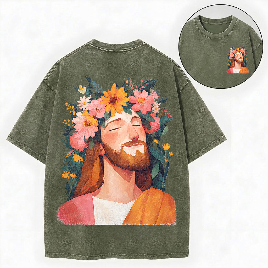 Floral Jesus Shirt – Flower Crown Christian Vintage Unisex Washed Tee