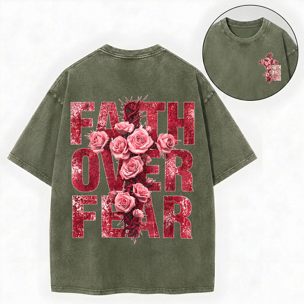 Faith Over Fear – Rose Cross Christian Vintage Unisex Washed Tee
