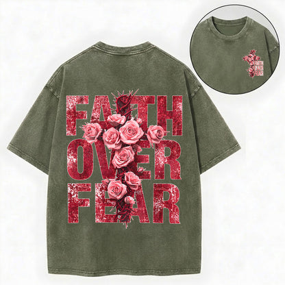 Faith Over Fear – Rose Cross Christian Vintage Unisex Washed Tee