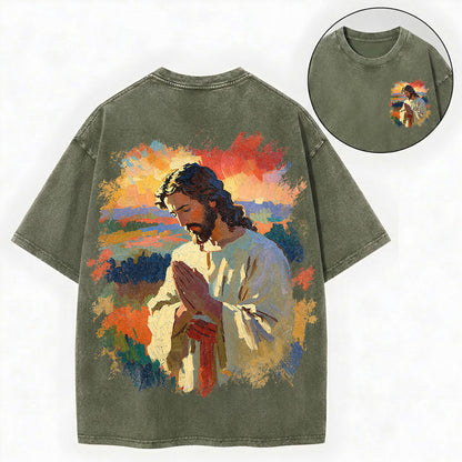 Praying Jesus Shirt – Oil Painting Christian Vintage Unisex Washed Tee