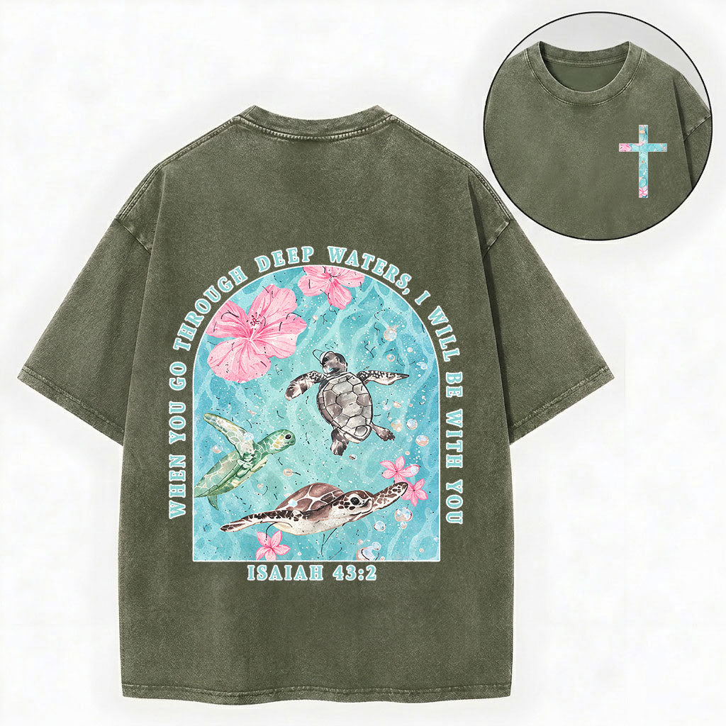 Summer Christian Shirt – Sea Turtle Floral Cross Unisex Washed Tee