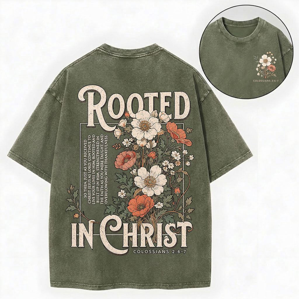 Rooted in Christ T-Shirt – Floral Christian Vintage Unisex Washed Tee