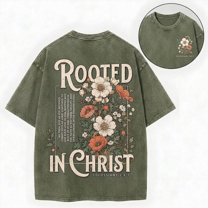 Rooted in Christ T-Shirt – Floral Christian Vintage Unisex Washed Tee