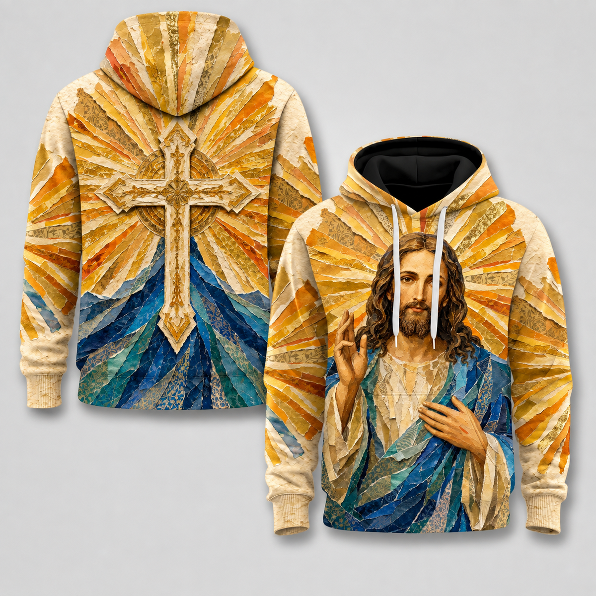 Jesus Christ Blessing Christian 3D Hoodie – Golden Cross Design