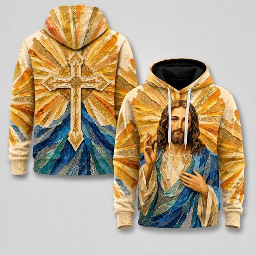 Jesus Christ Blessing Christian 3D Hoodie – Golden Cross Design