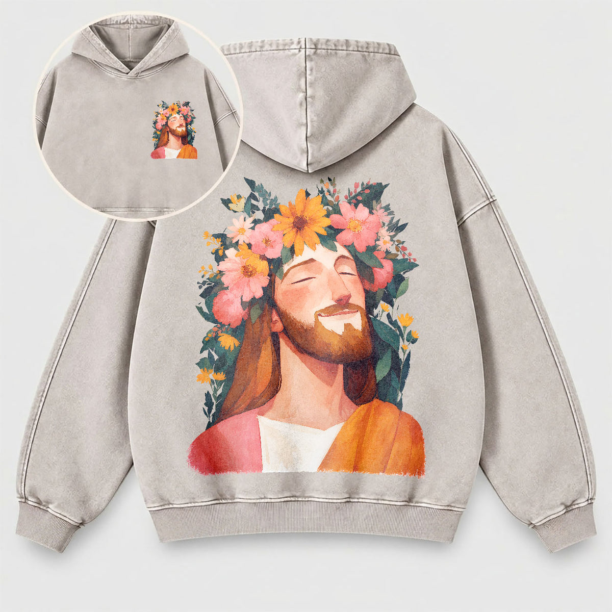 Jesus Floral Crown Washed Hoodie – Watercolor Christian Faith Hoodie