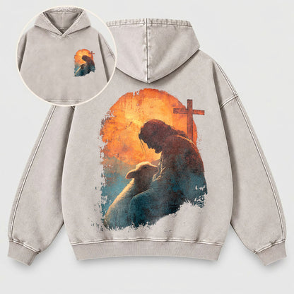 Jesus Good Shepherd Washed Hoodie – Lamb & Cross Christian Hoodie