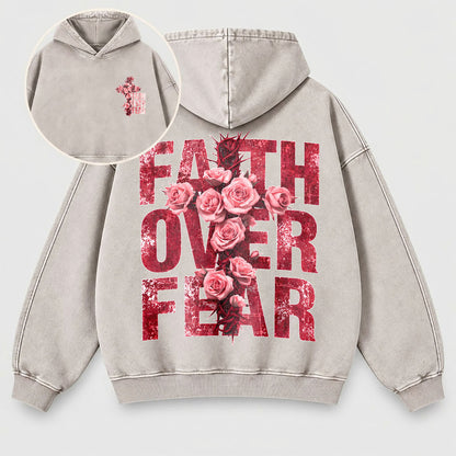 Faith Over Fear Washed Hoodie - Roses & Crown of Thorns Vintage Christian Hoodie