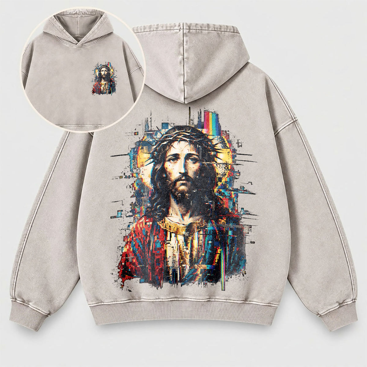 Jesus Glitch Art Washed Hoodie
