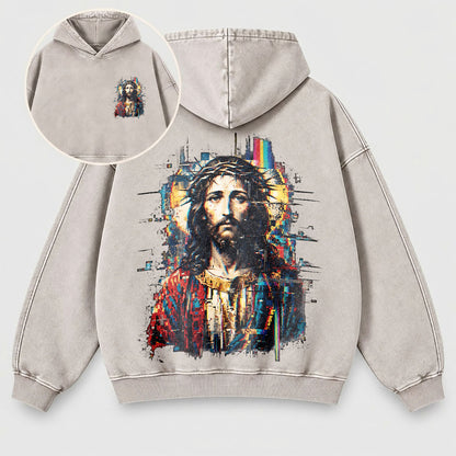 Jesus Glitch Art Washed Hoodie