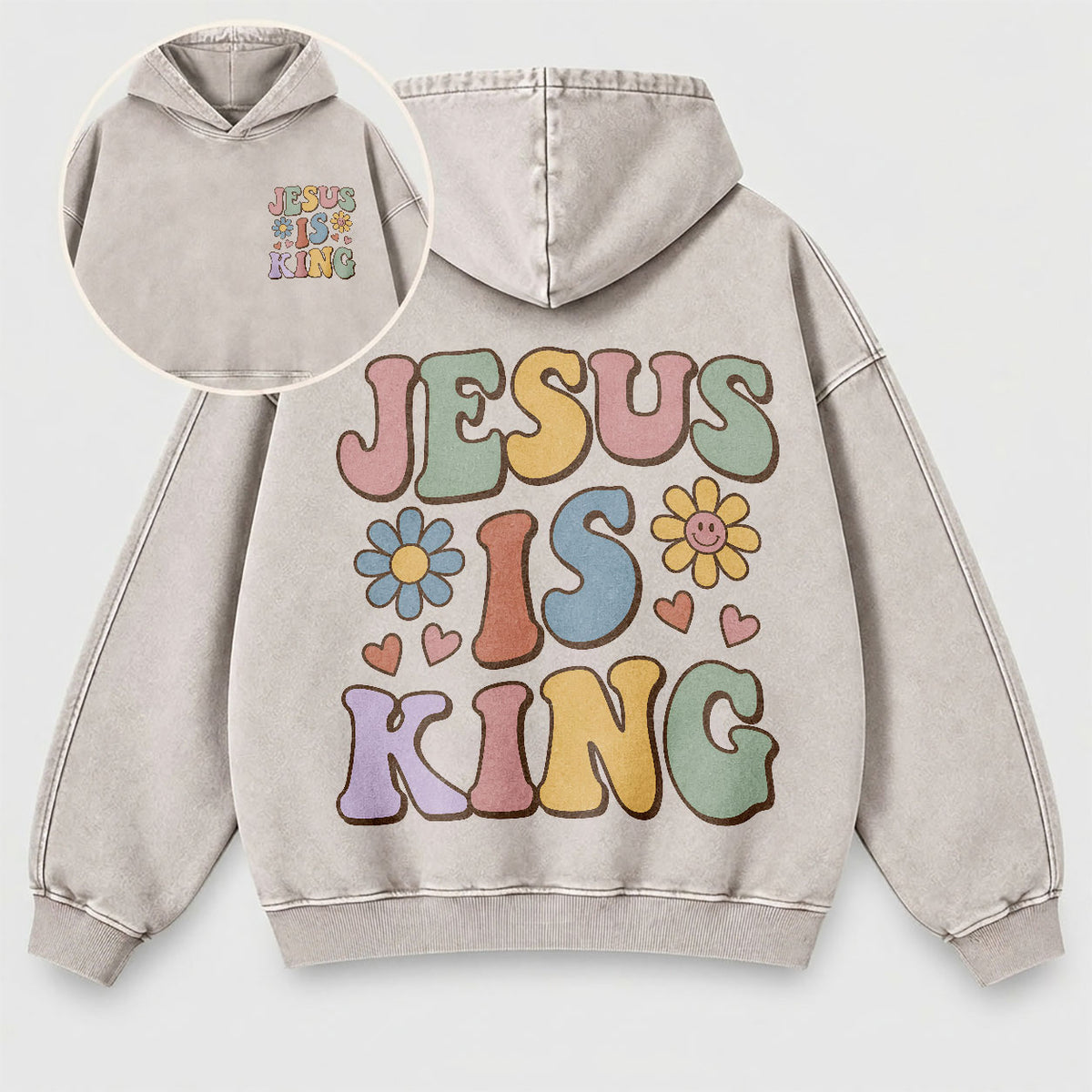 Jesus Is King Washed Hoodie – Retro Groovy Pastel Daisy Christian Hoodie