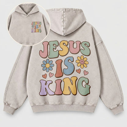 Jesus Is King Washed Hoodie – Retro Groovy Pastel Daisy Christian Hoodie