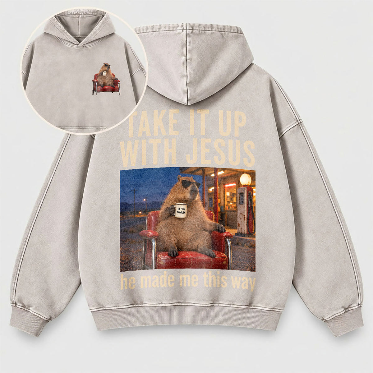 Take It Up With Jesus Hoodie – Funny Capybara Christian Washed Hoodie