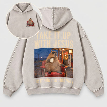 Take It Up With Jesus Hoodie – Funny Capybara Christian Washed Hoodie
