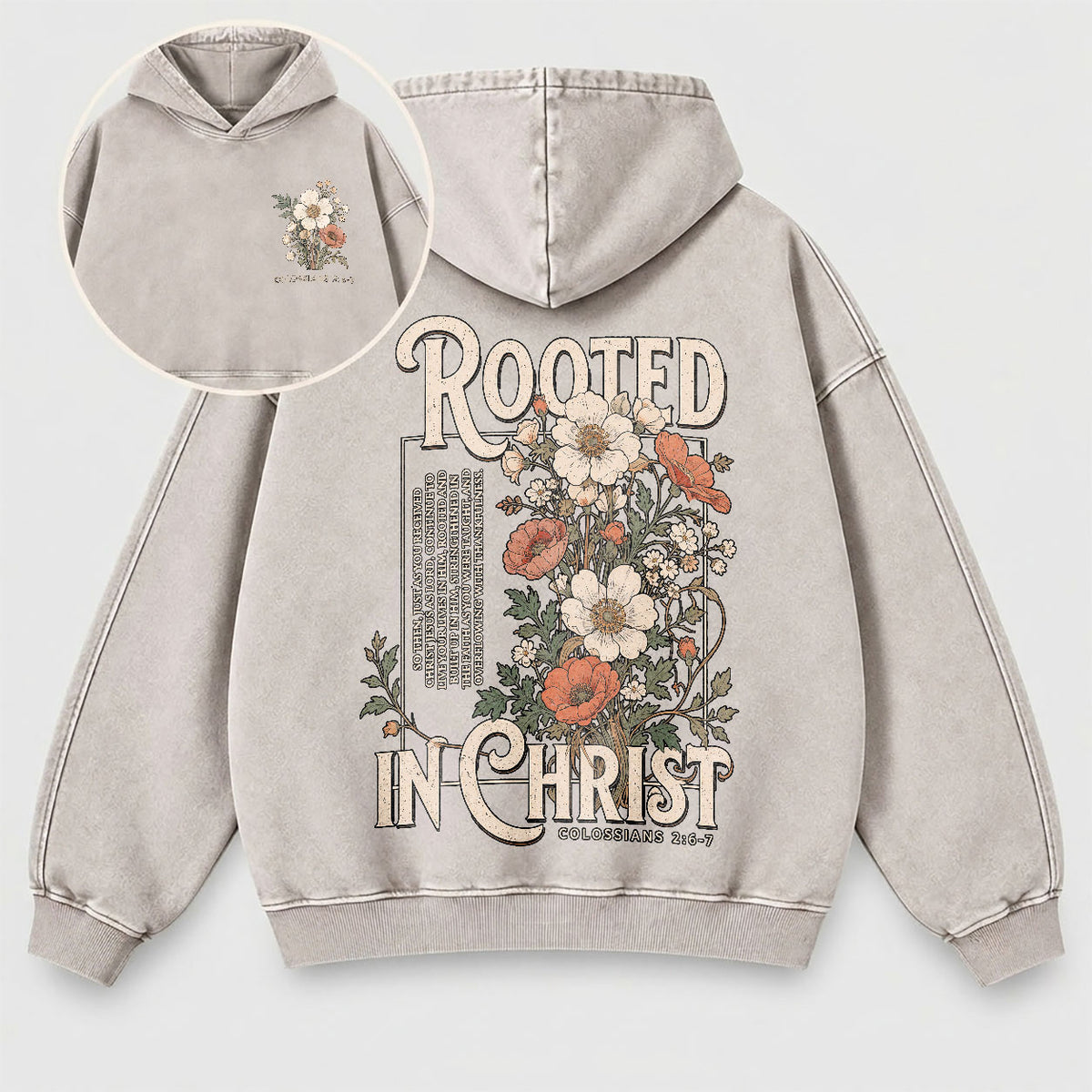 Rooted in Christ Washed Hoodie – Vintage Floral Bible Verse Christian Hoodie
