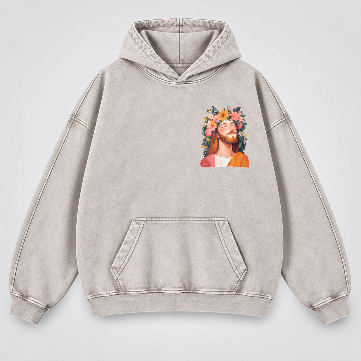 Jesus Floral Crown Washed Hoodie – Watercolor Christian Faith Hoodie