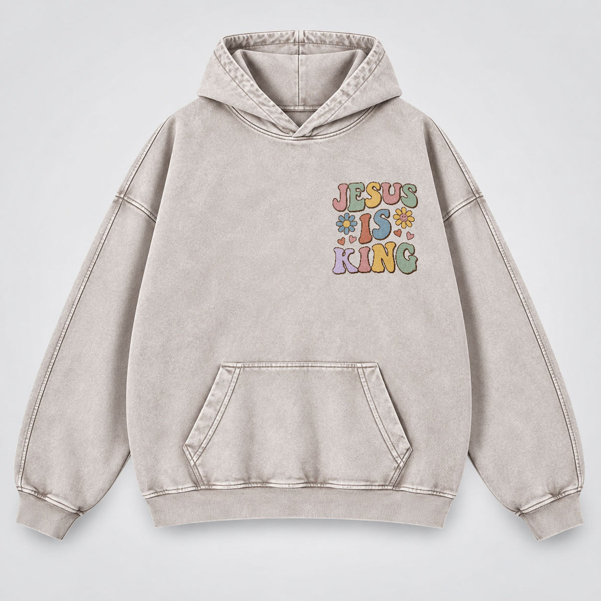 Jesus Is King Washed Hoodie – Retro Groovy Pastel Daisy Christian Hoodie