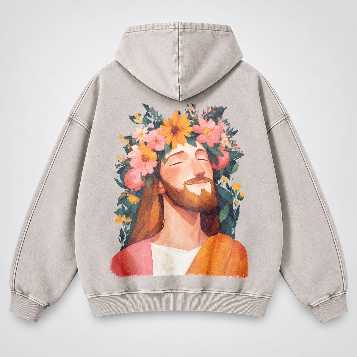 Jesus Floral Crown Washed Hoodie – Watercolor Christian Faith Hoodie