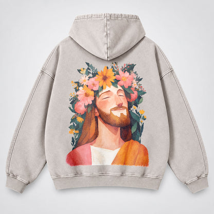 Jesus Floral Crown Washed Hoodie – Watercolor Christian Faith Hoodie