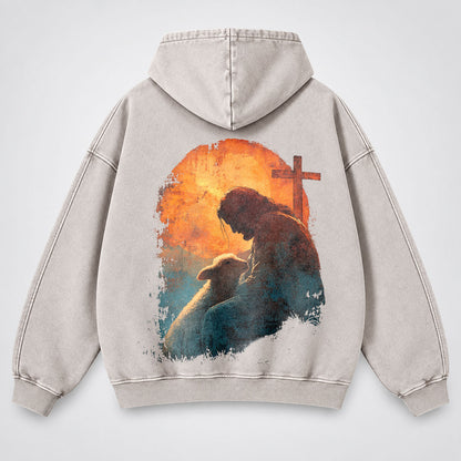 Jesus Good Shepherd Washed Hoodie – Lamb & Cross Christian Hoodie