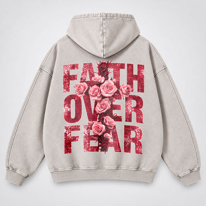 Faith Over Fear Washed Hoodie - Roses & Crown of Thorns Vintage Christian Hoodie