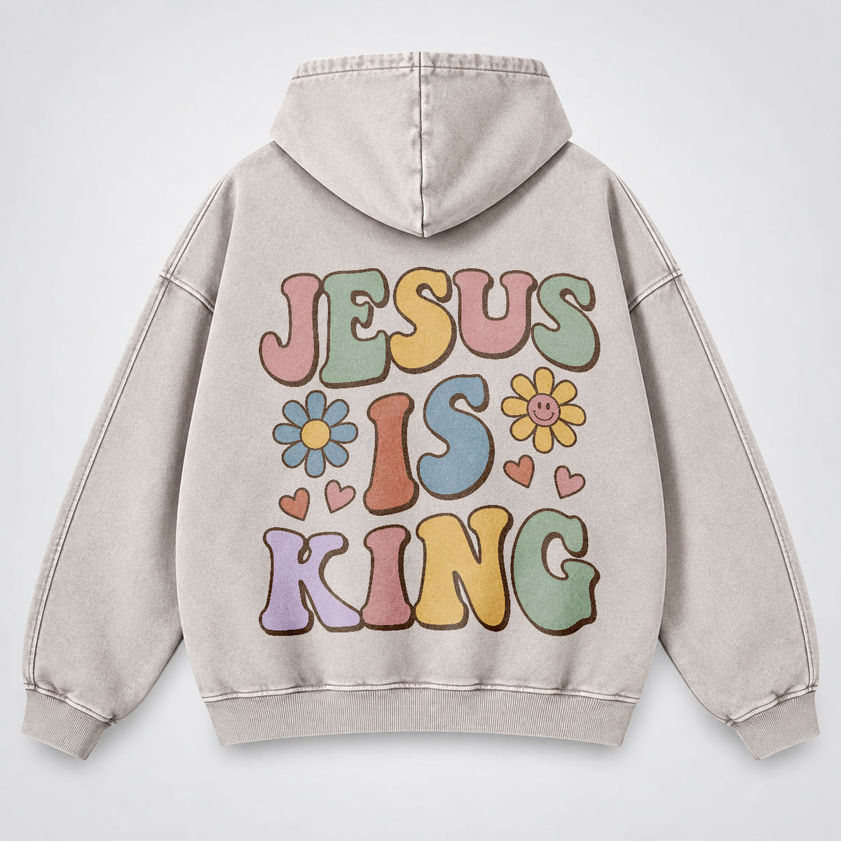 Jesus Is King Washed Hoodie – Retro Groovy Pastel Daisy Christian Hoodie