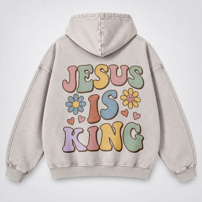 Jesus Is King Washed Hoodie – Retro Groovy Pastel Daisy Christian Hoodie
