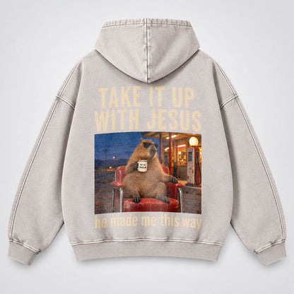 Take It Up With Jesus Hoodie – Funny Capybara Christian Washed Hoodie