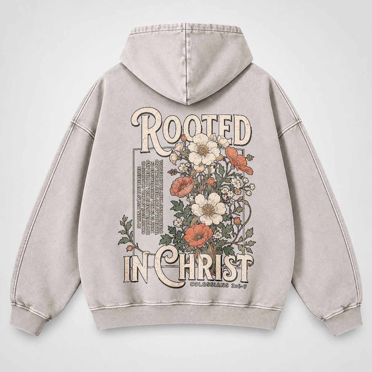 Rooted in Christ Washed Hoodie – Vintage Floral Bible Verse Christian Hoodie