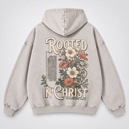 Rooted in Christ Washed Hoodie – Vintage Floral Bible Verse Christian Hoodie