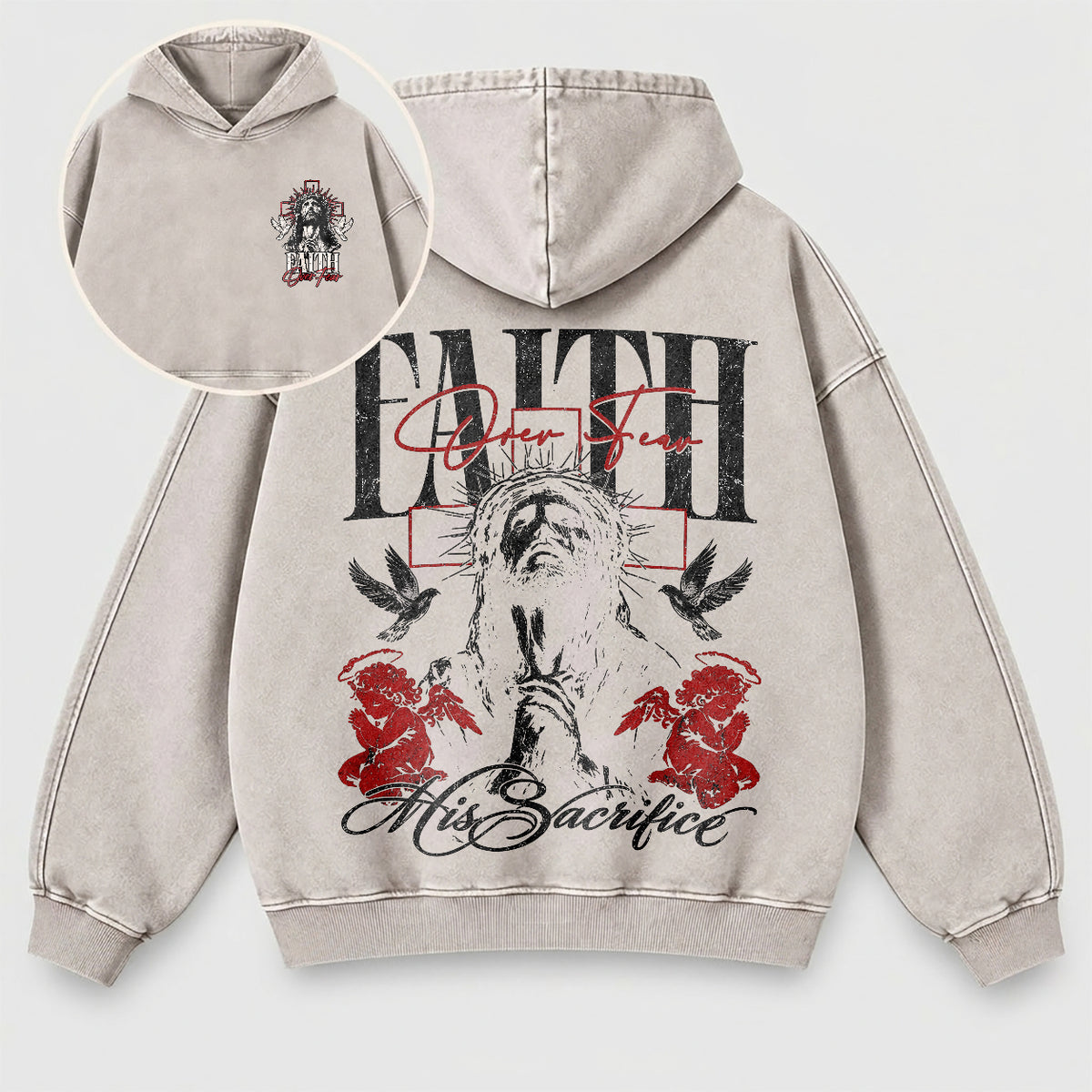 Faith Over Fear Washed Hoodie – Vintage Bootleg Jesus Christian Streetwear Hoodie