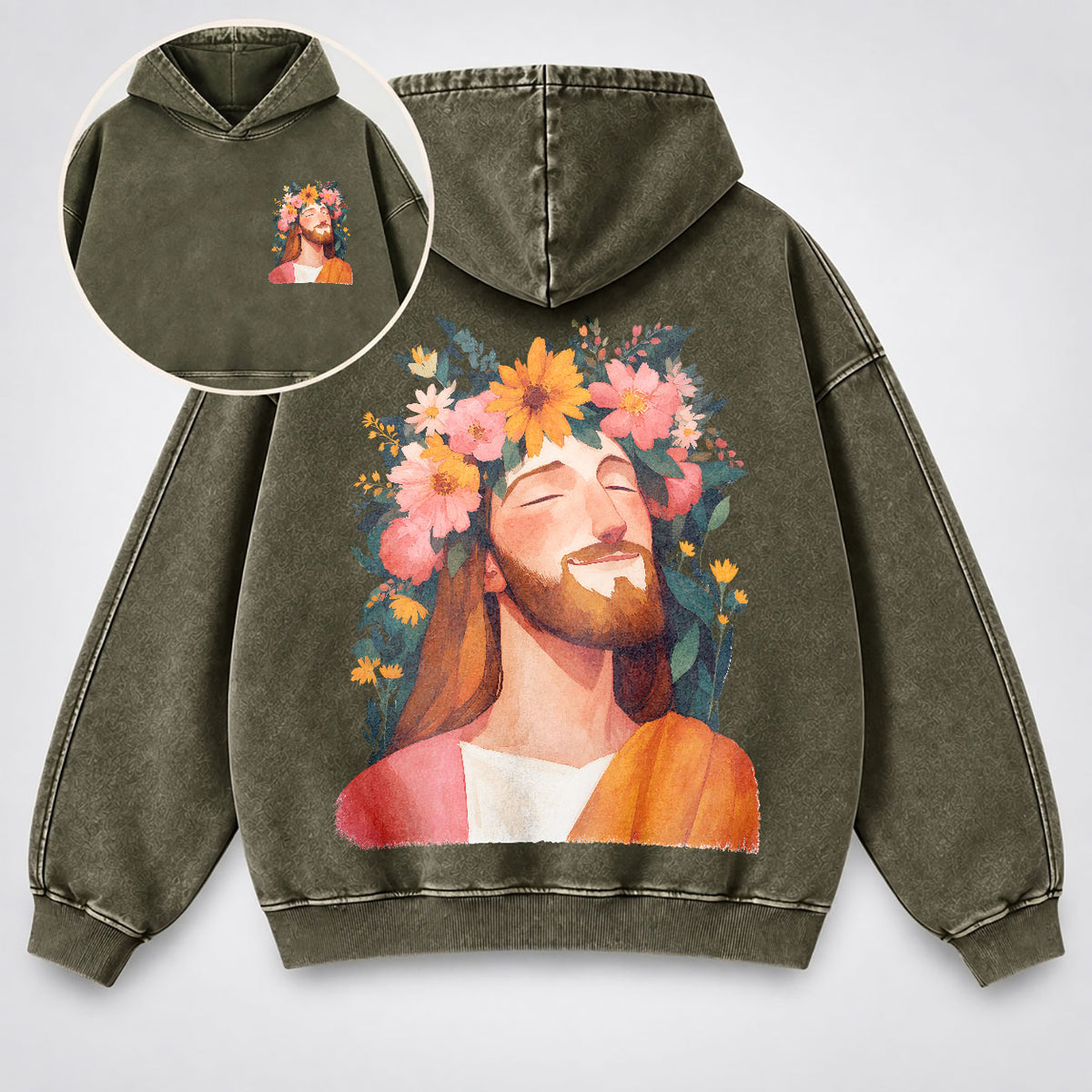 Jesus Floral Crown Washed Hoodie – Watercolor Christian Faith Hoodie