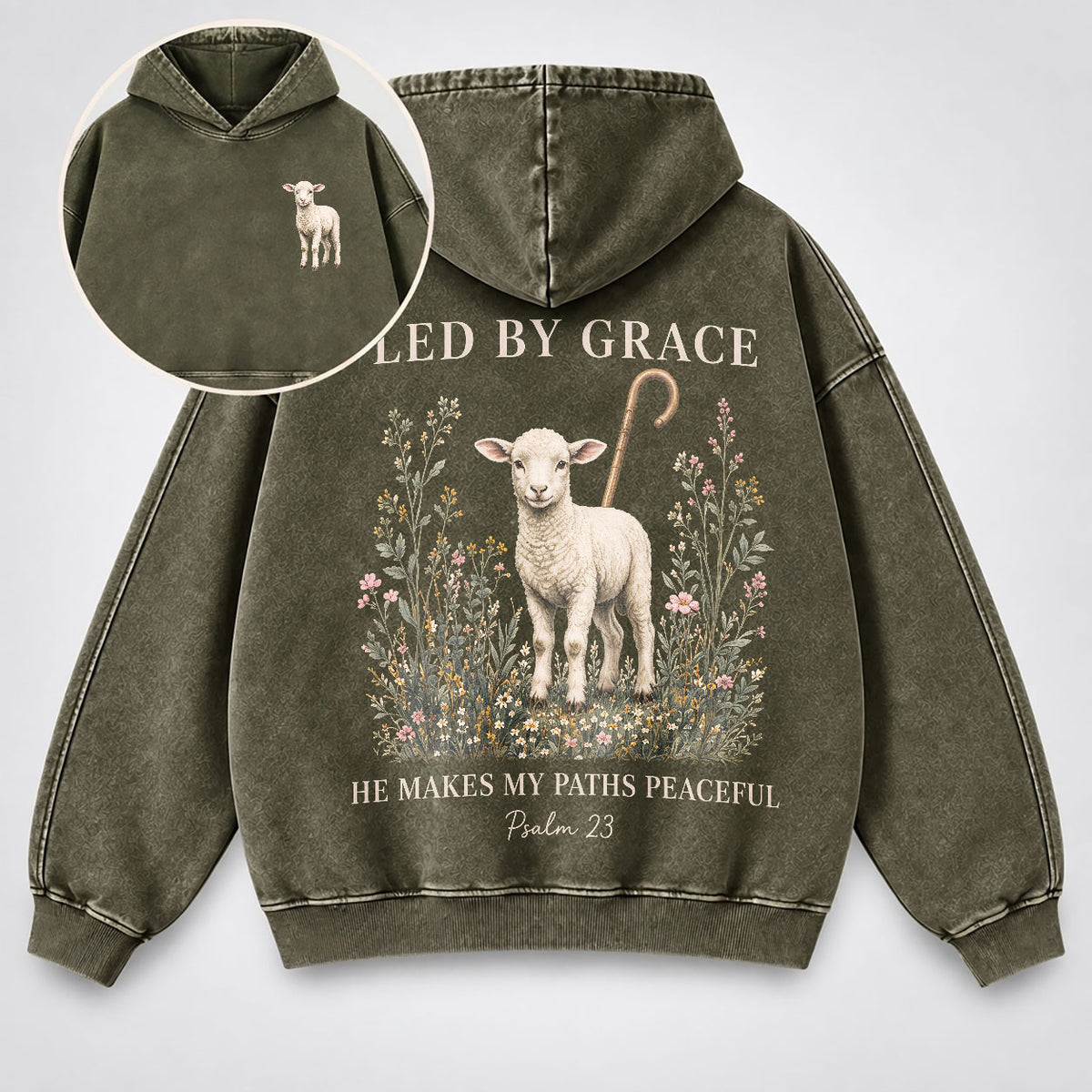Led By Grace Washed Hoodie –  Wildflower Christian Hoodie