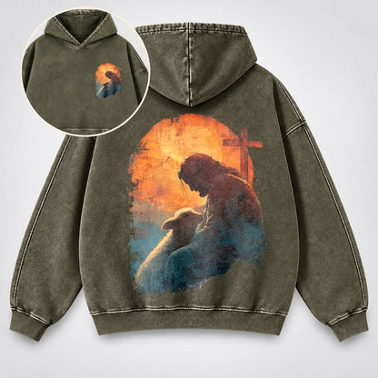Jesus Good Shepherd Washed Hoodie – Lamb & Cross Christian Hoodie